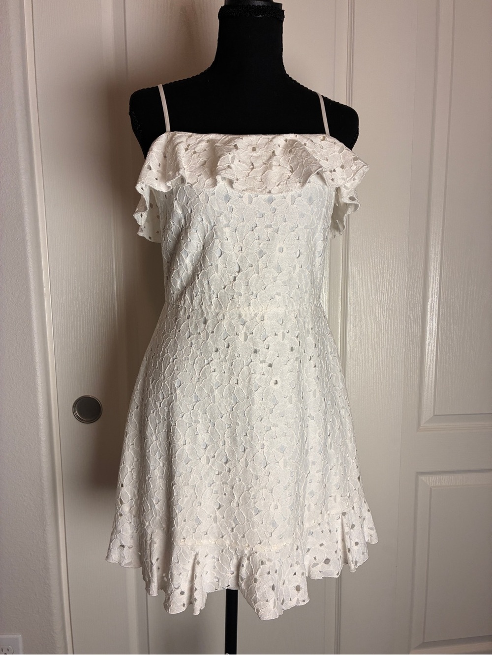 NWT- Japna White Eyelet V-Neck Spaghetti Strap Mini Dress with Ruffle Hem